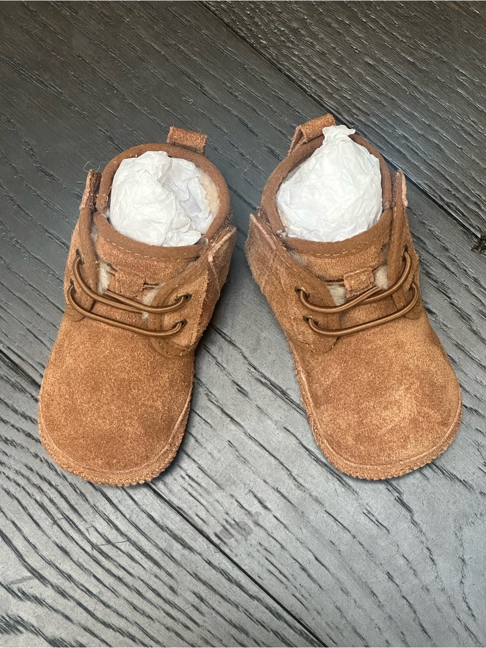 Kids UGG: Chestnut Suede Baby Neumel Booties with Tan Knit Beanie